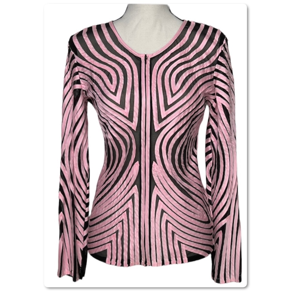 Cartise Sheer Top Zip Front Long Sleeve Black Pink Blouse Size 8